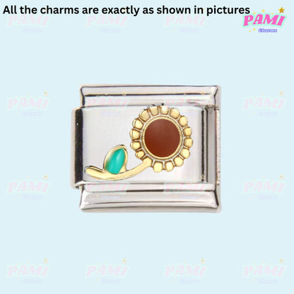 Pami Charms Italian charm featuring a sunflower design with vibrant colours and a shiny silver base