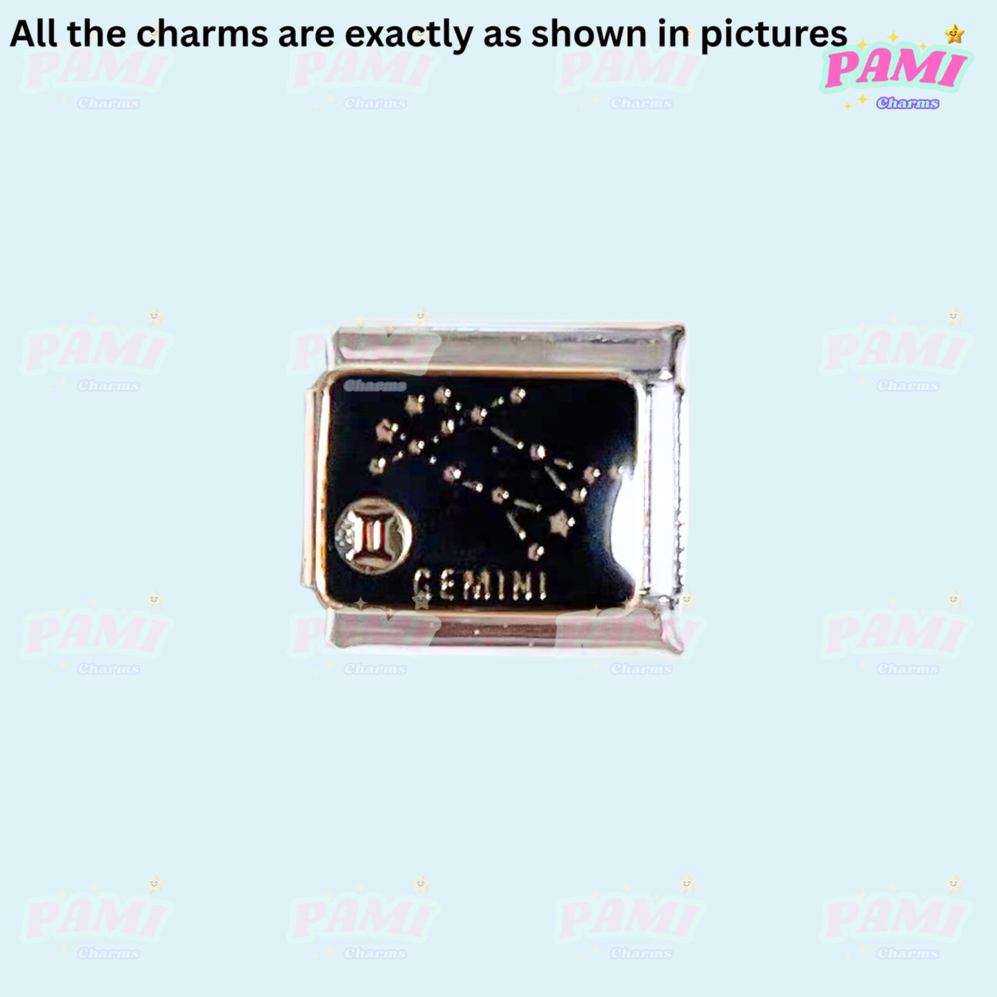 Pami Charms Italian charm featuring Gemini constellation design with silver and black details