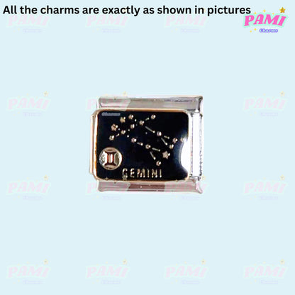 Pami Charms Italian charm featuring Gemini constellation design with silver and black details