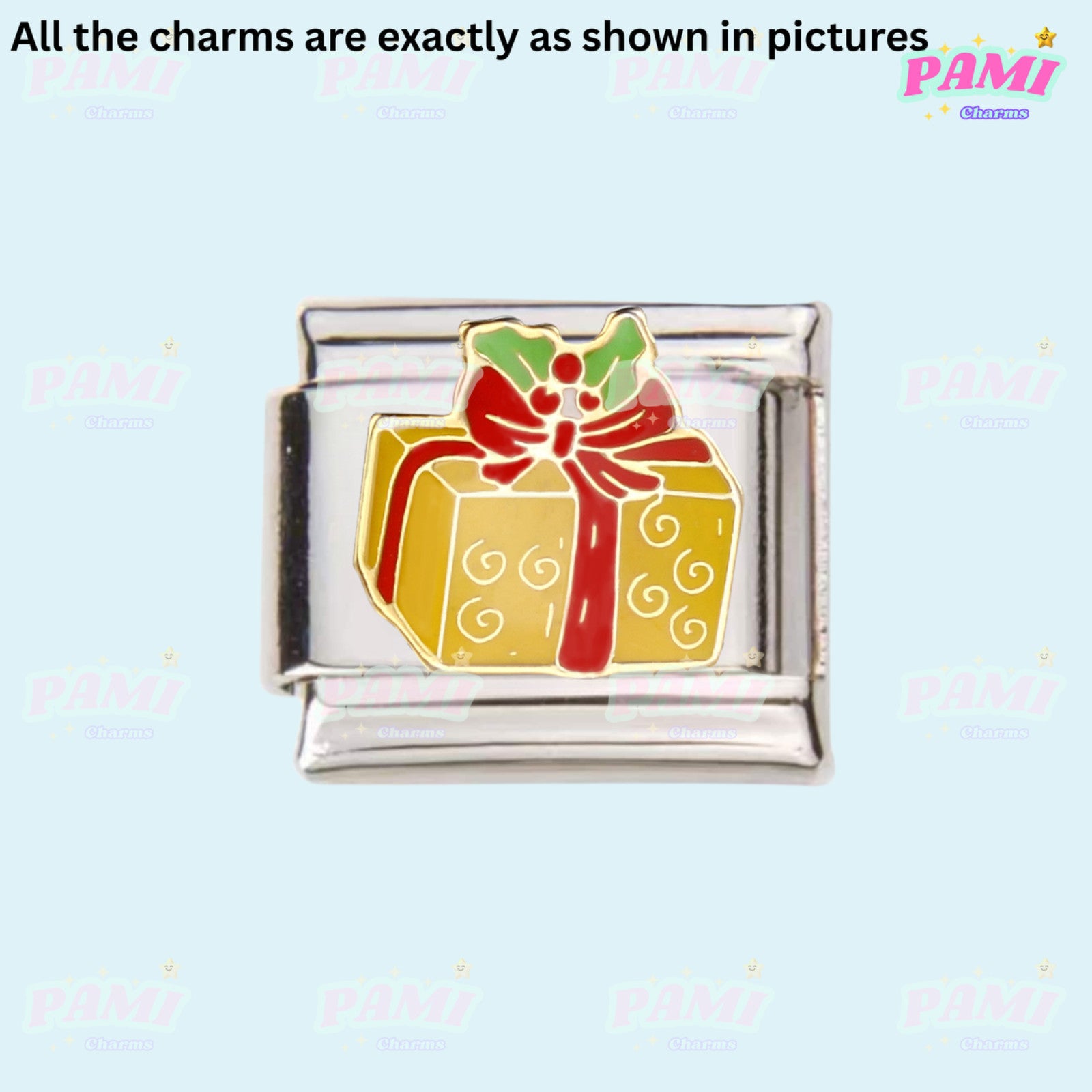 Pami Charms Italian charm featuring a colourful gift box design with a festive bow