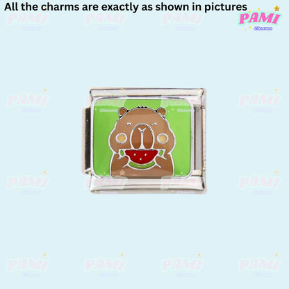Pami Charms Italian Charm featuring a cute Capybara holding a slice of watermelon design