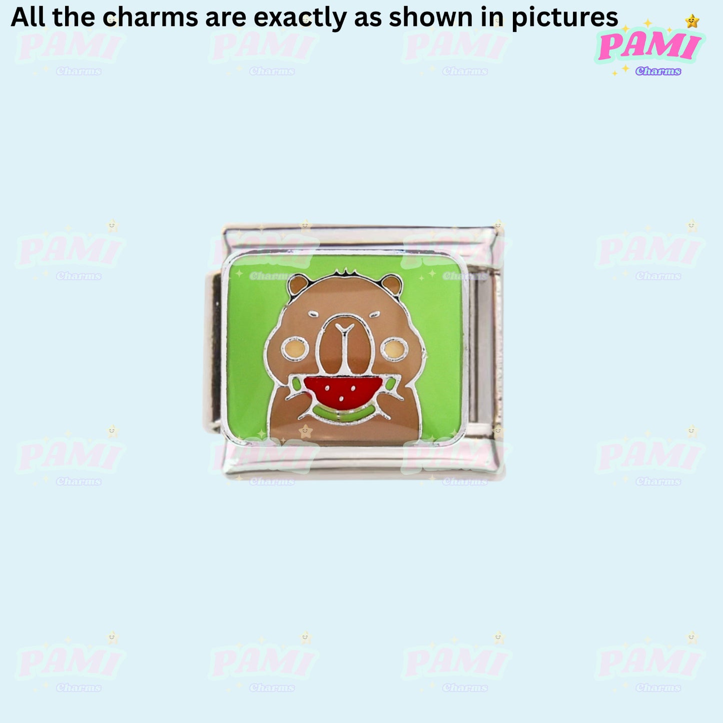 Pami Charms Italian Charm featuring a cute Capybara eating watermelon design on a vibrant green background