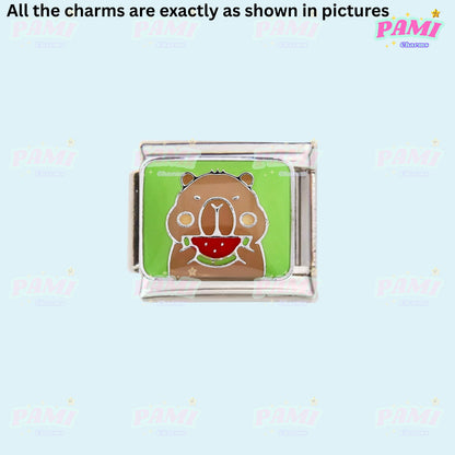 Pami Charms Italian Charm featuring a cute Capybara eating watermelon design on a vibrant green background