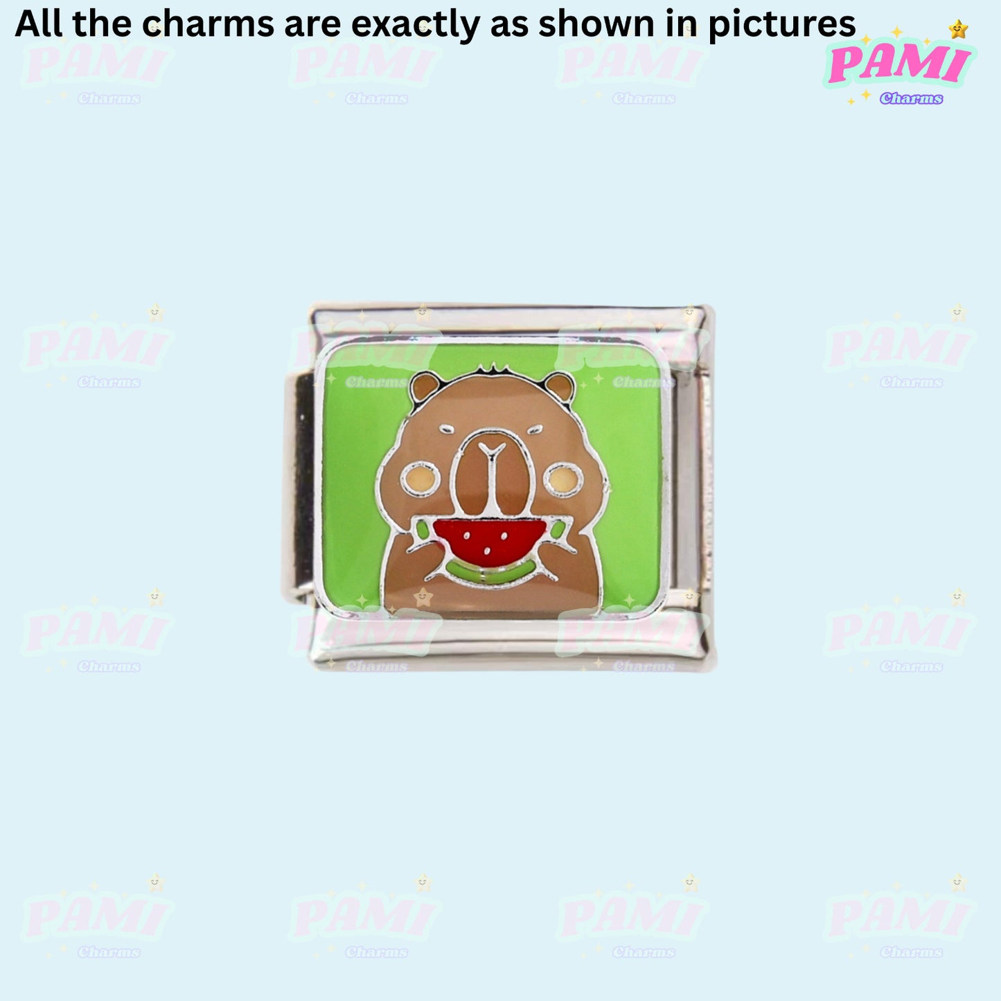 Pami Italian Charm featuring a cute Capybara holding a slice of watermelon on a green background
