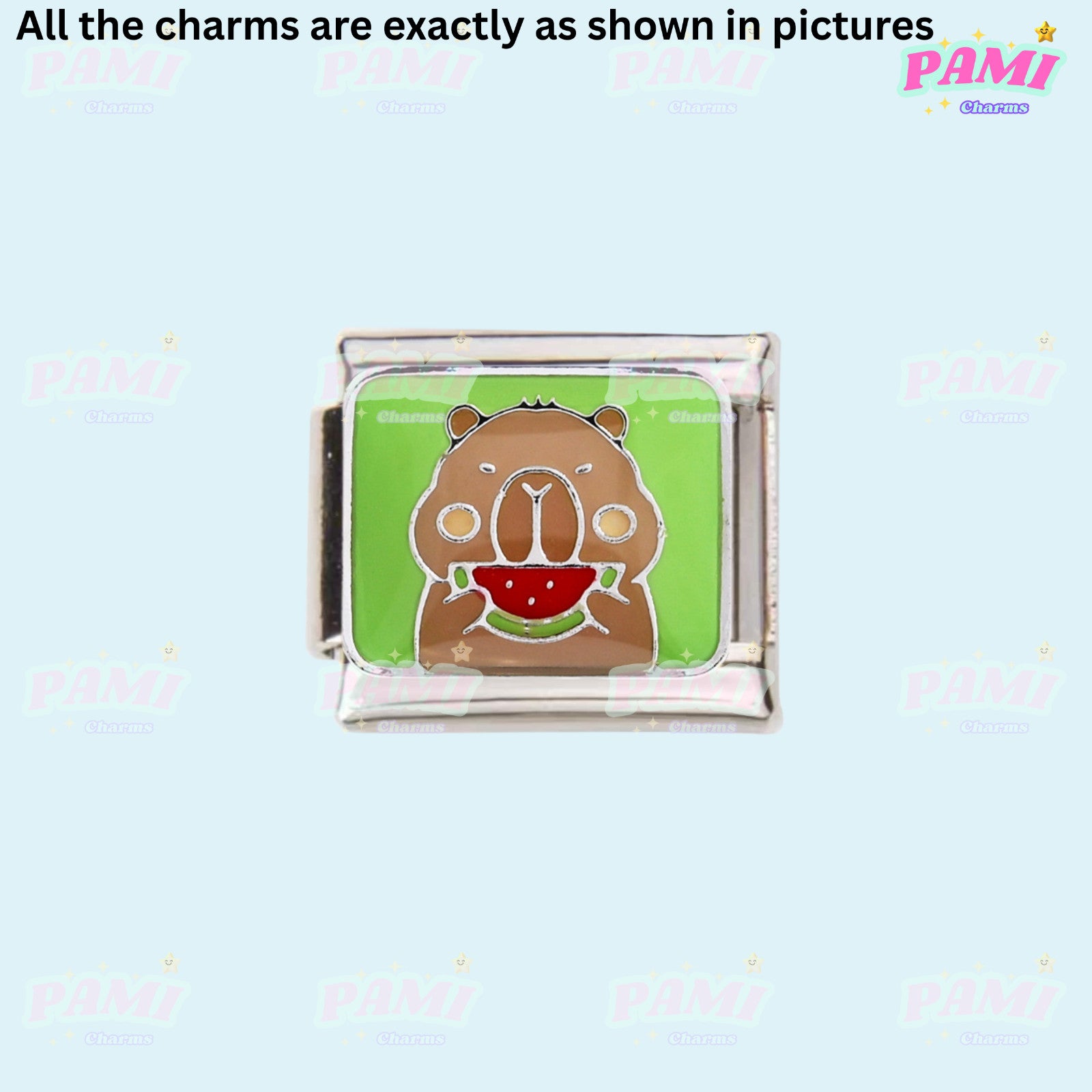 Pami Italian Charm featuring a cute Capybara holding a slice of watermelon on a green background