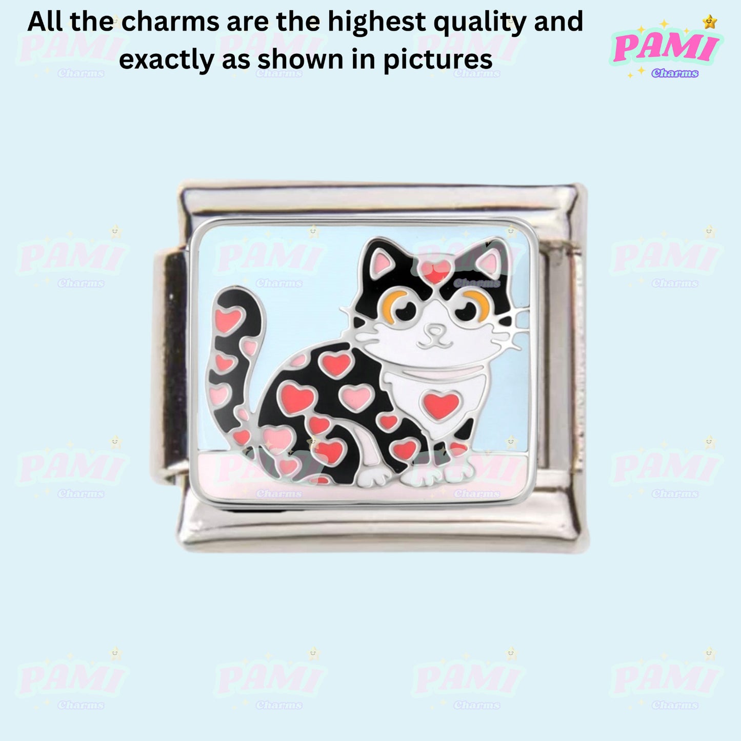 Pami Charms Italian Charm featuring a cute cat design adorned with hearts