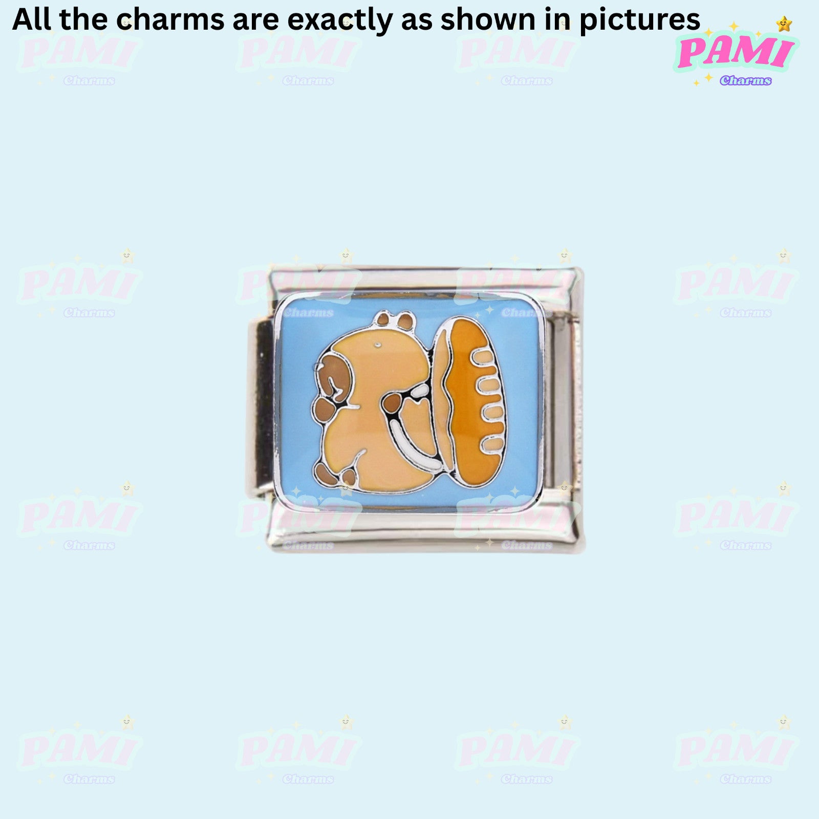 Pami Charms Italian Charm featuring a cute Capybara design on a light blue background