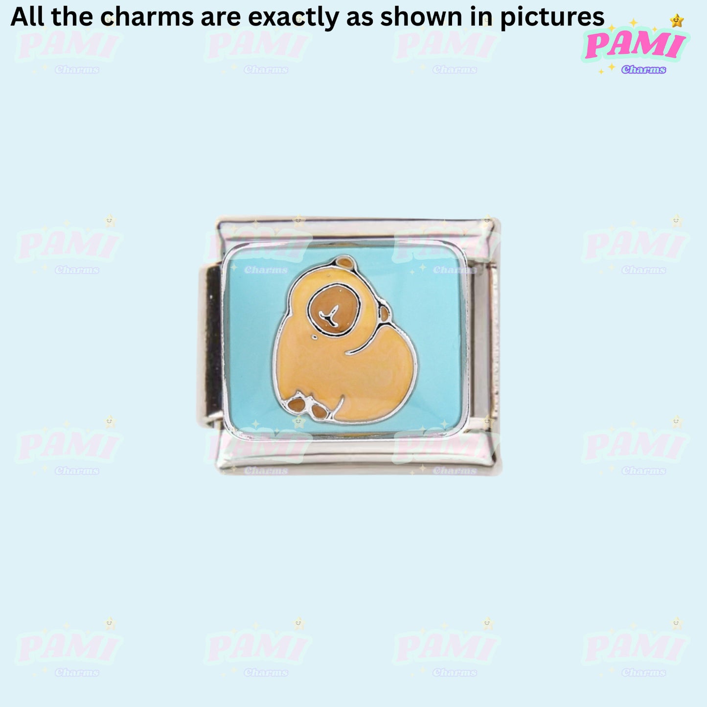 Pami Charms Italian Charm featuring a cute bear design on a blue background