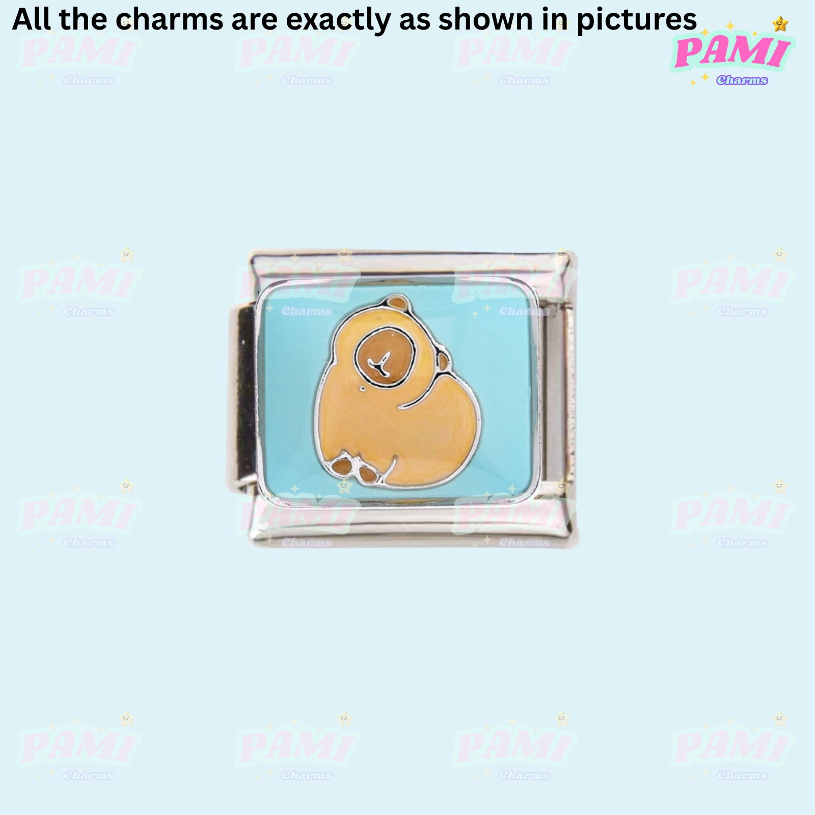 Pami Charms Italian Charm featuring a cute cartoon bear design on a blue background