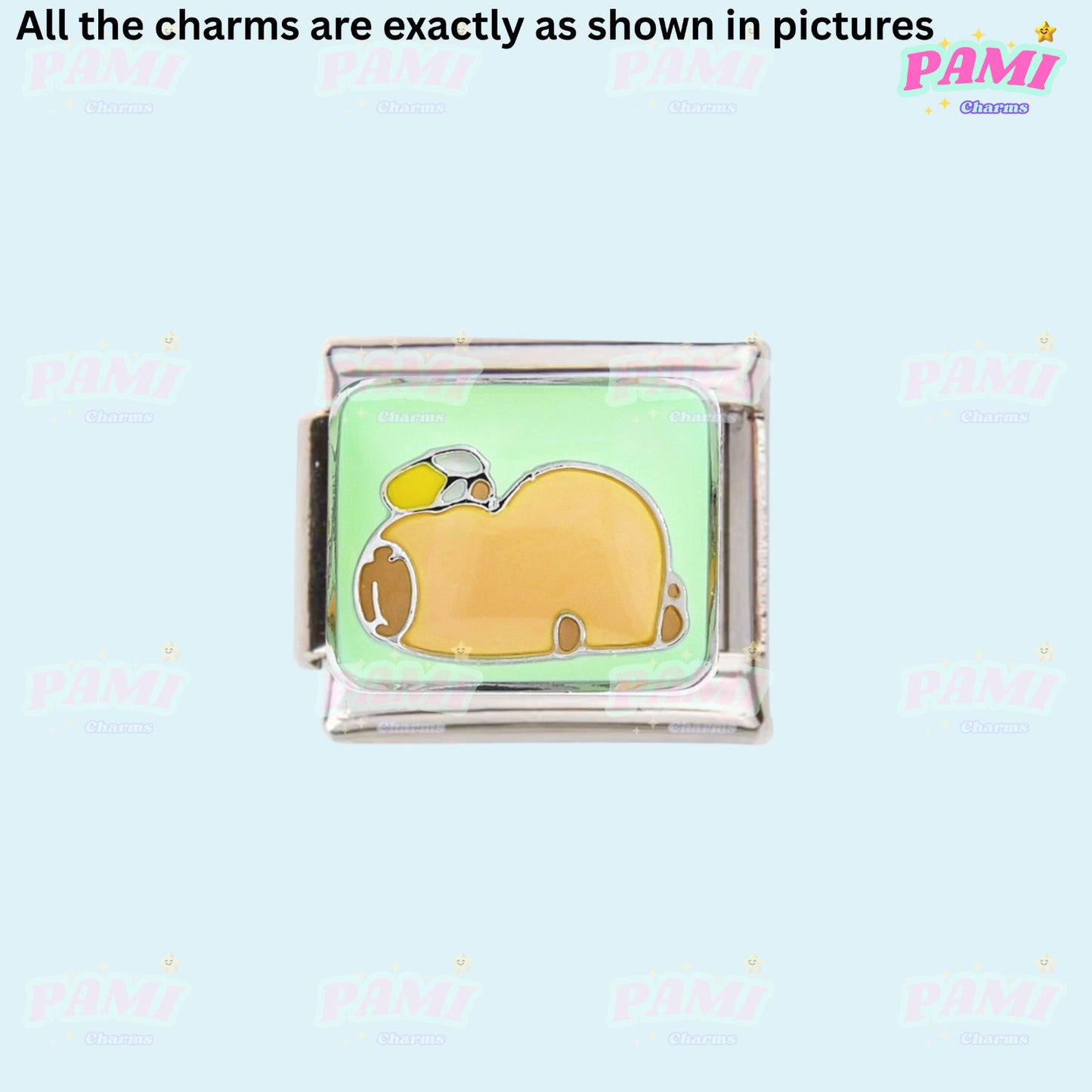 Pami Charms Italian Charm with a cute cartoon bear and turtle design on a green background