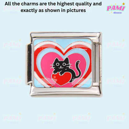 Pami Charms Italian Charm featuring a playful black cat surrounded by colourful hearts