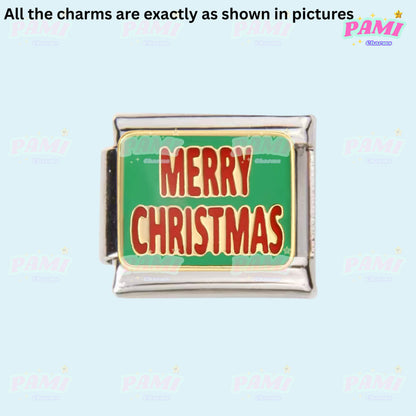 Pami Charms Italian charm featuring a bright green Merry Christmas design for festive celebrations