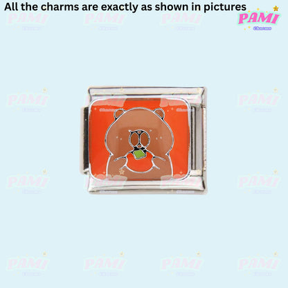 Pami Charms Italian Charm featuring a cute Capybara holding a watermelon slice on a vibrant orange background