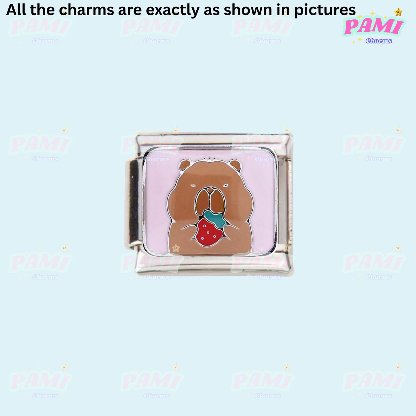 Pami Charms Italian Charm featuring a cute Capybara design holding a strawberry, perfect for charm bracelets