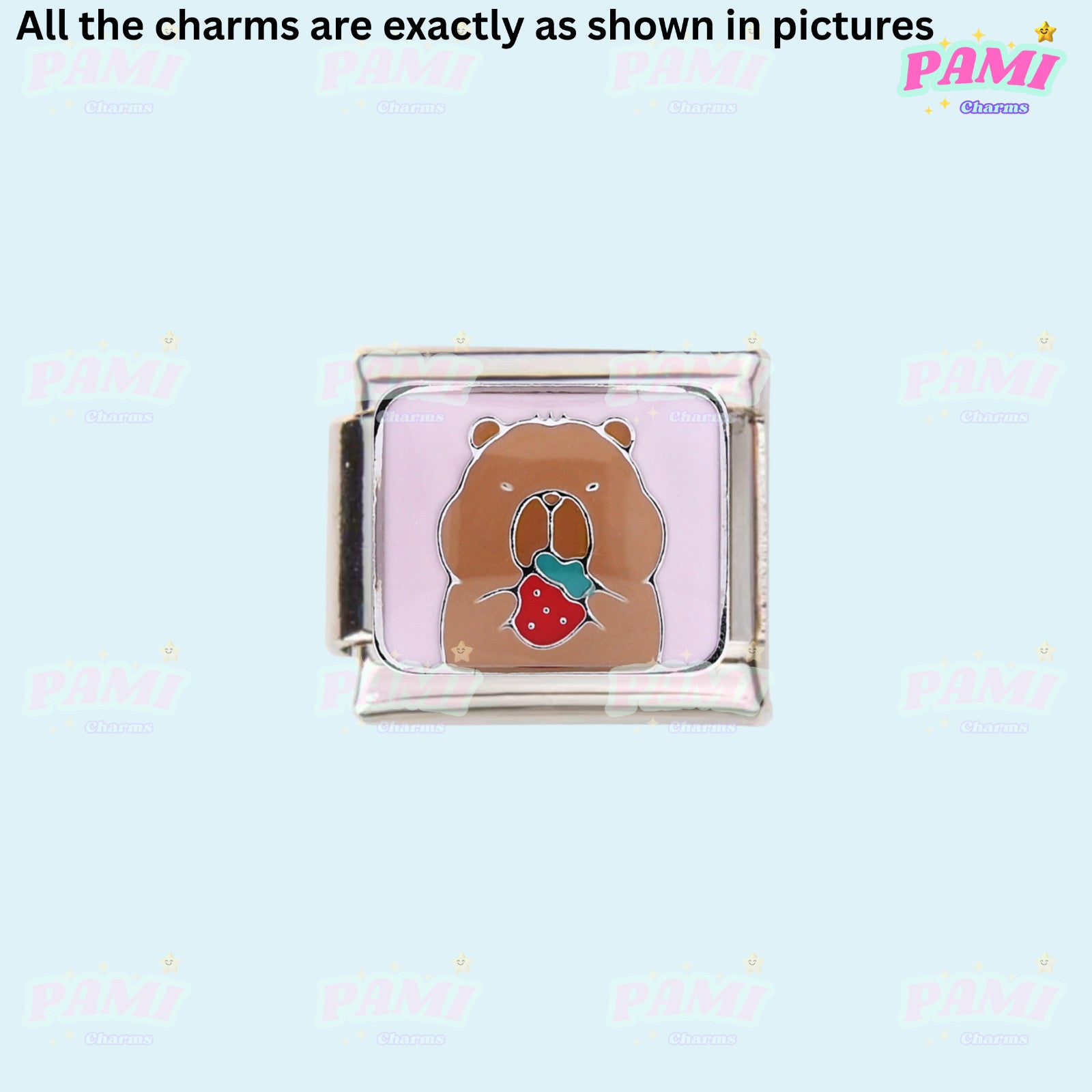 Pami Charms Italian Charm featuring a cute Capybara design with a strawberry accessory