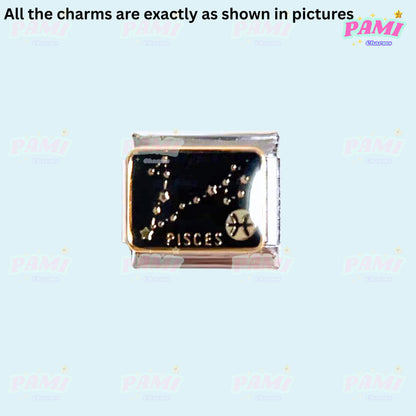 Pisces Italian charm with silver and black design featuring the zodiac symbol