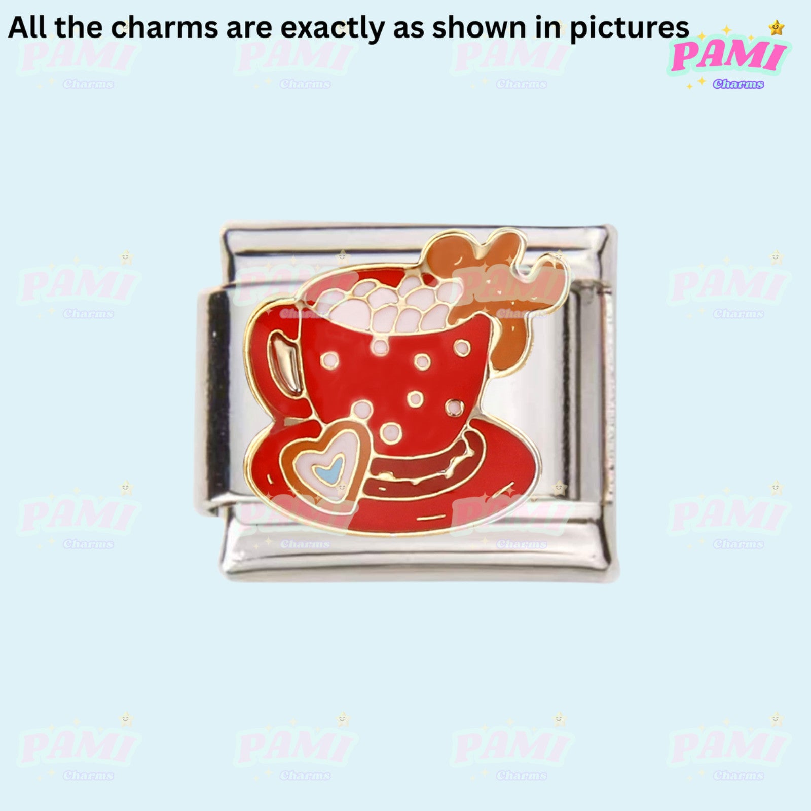 Pami Charms Italian charm featuring a red cup of hot chocolate with marshmallows