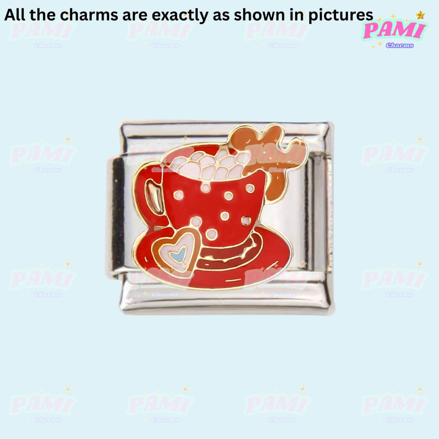 Pami Charms Italian charm featuring a red coffee cup with marshmallows and a gingerbread cookie design
