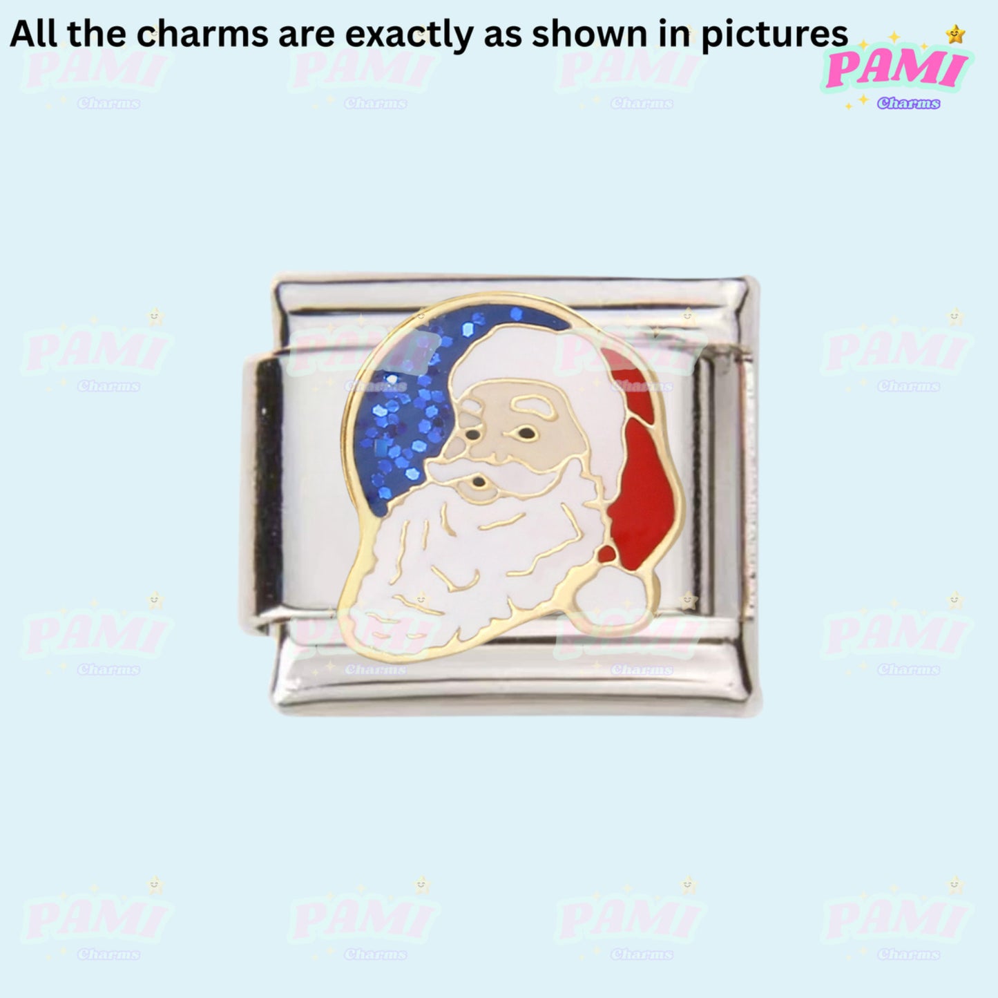 Pami Charms Italian charm featuring a colourful Santa design with blue sparkles