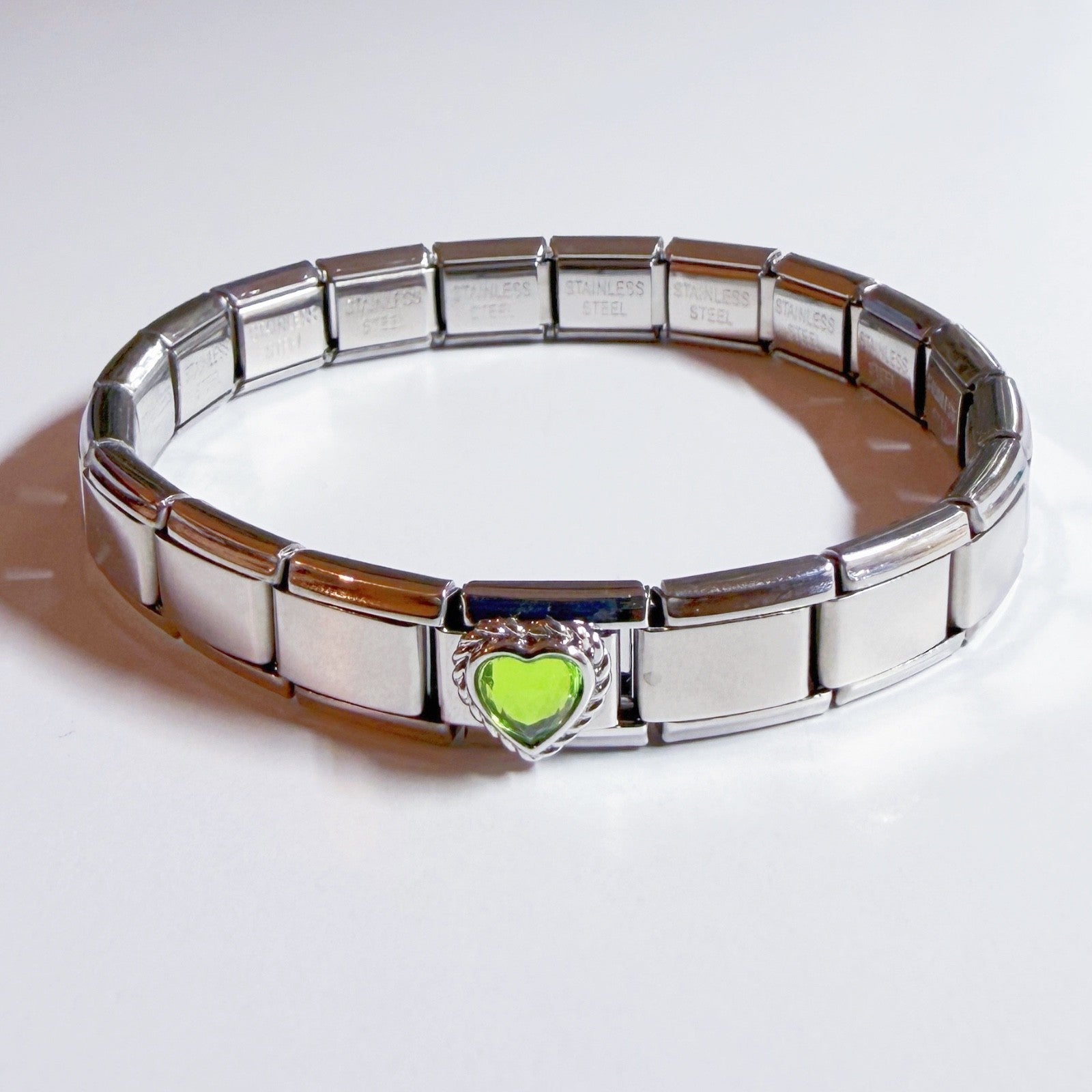 Pami Charms Silver Bracelet featuring a Heart-Shaped Italian Charm in Green