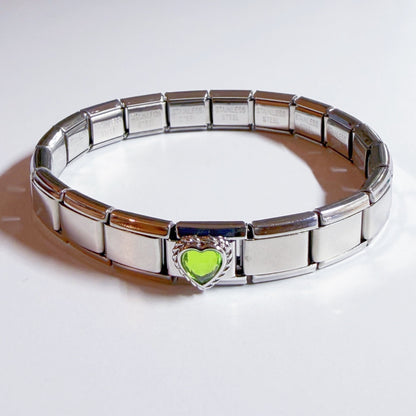 Pami Charms Silver Bracelet featuring a Heart-Shaped Italian Charm in Green