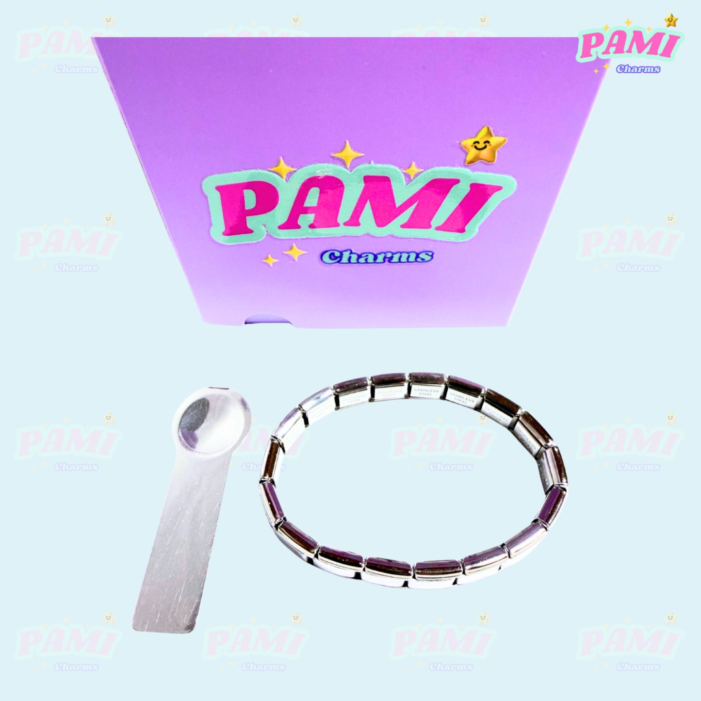 Pami Charms Italian Charm Bracelet with a silver tone and a charm insertion tool