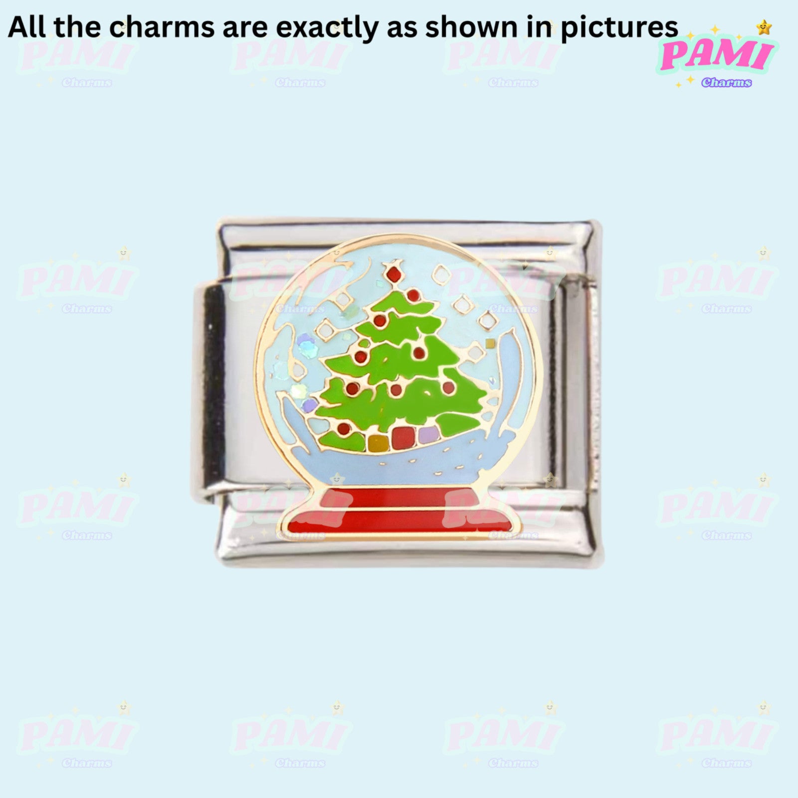 Pami Charms Italian charm featuring a festive snow globe design with a Christmas tree
