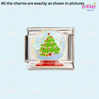 Pami Charms Italian charm featuring a festive snow globe design with a Christmas tree