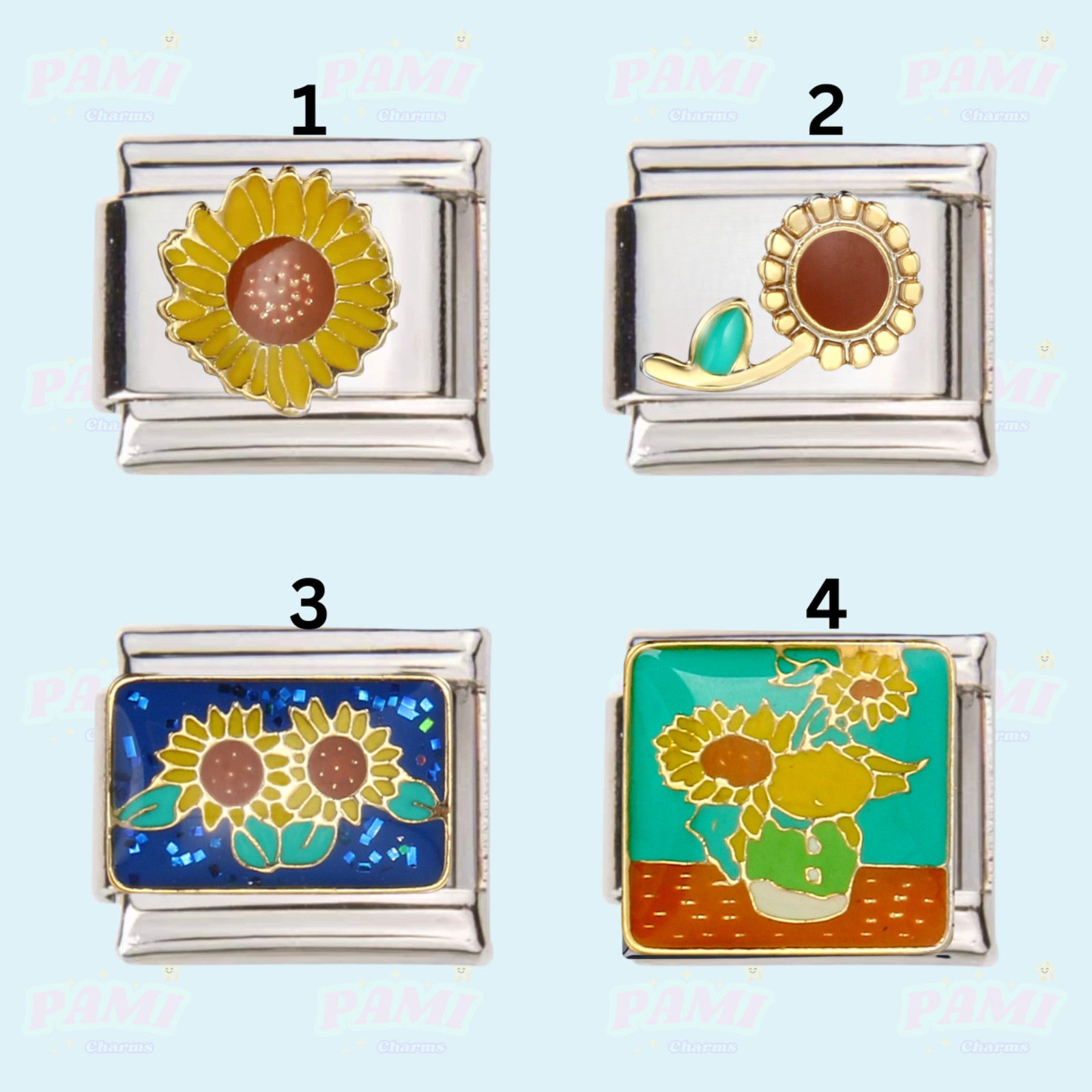 Set of four Pami Charms Italian charm designs featuring sunflowers and vibrant colours