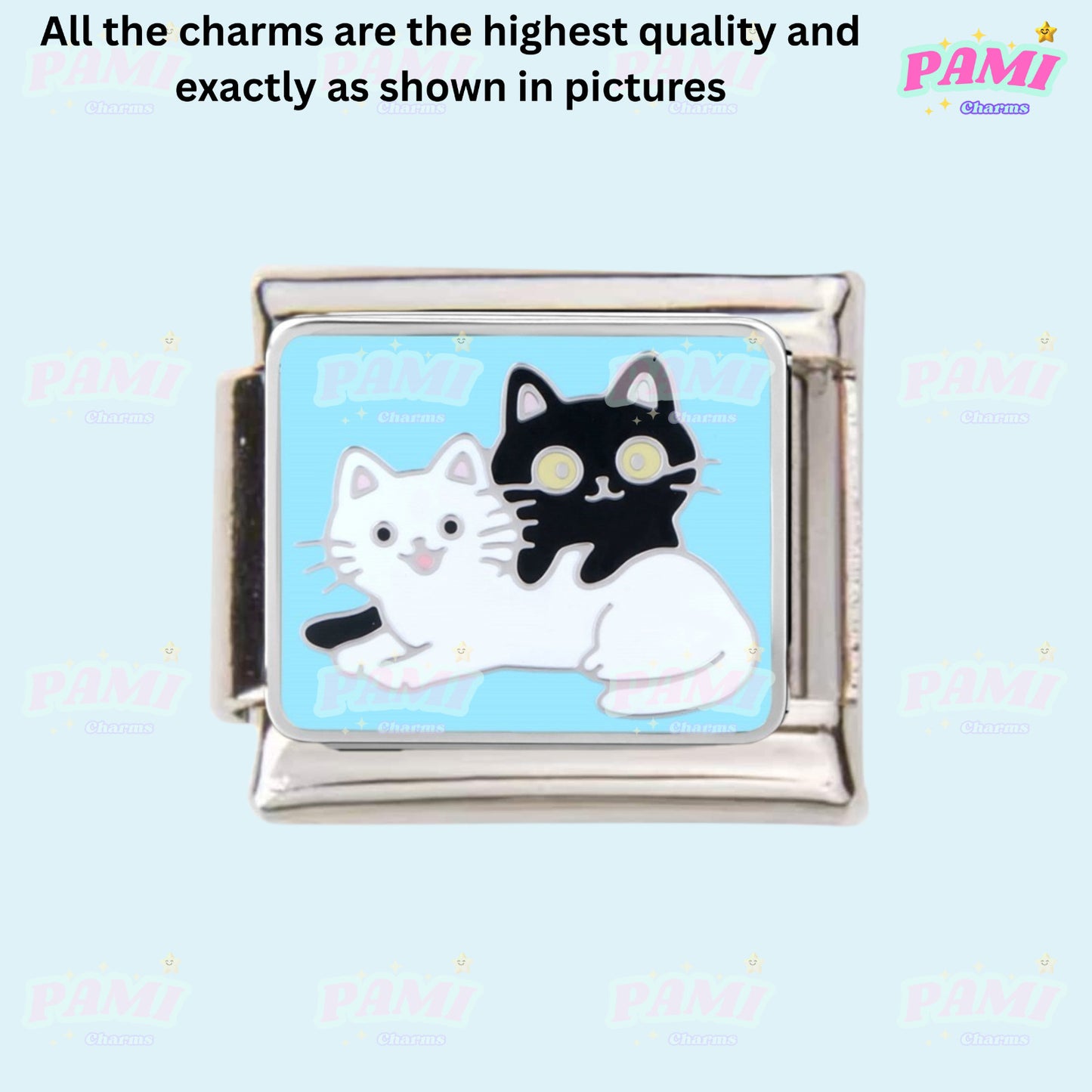 Pami Charms Italian Charm featuring two cute cats on a light blue background