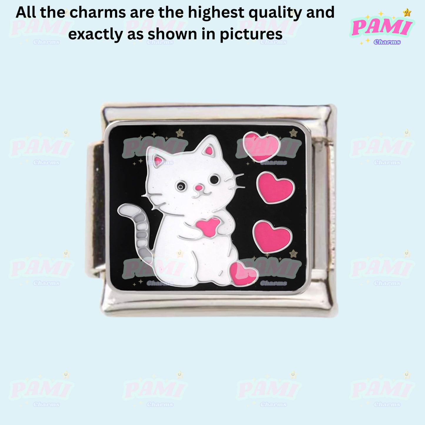 Pami Charms Italian Charm featuring a cute cat holding a heart on a black background