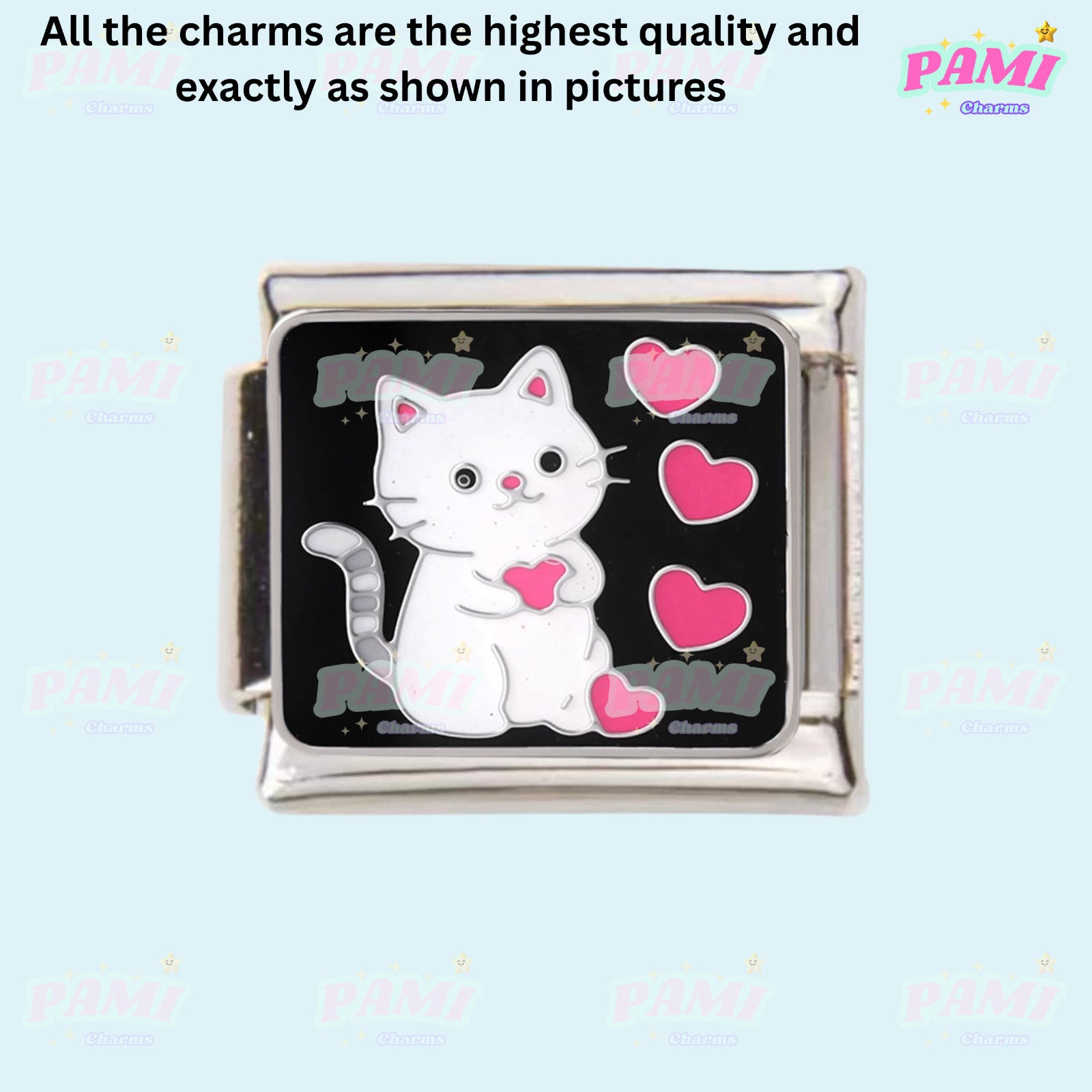 Pami Charms Italian Charm featuring a cute cat holding a heart on a black background