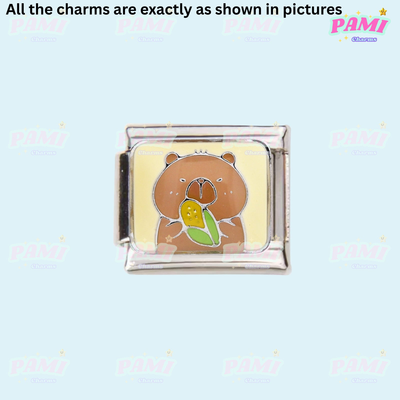 Pami Charms Italian Charm featuring a cute Capybara holding a flower design on a silver base