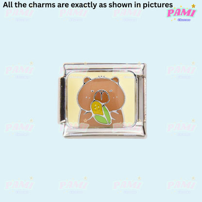 Pami Charms Italian Charm featuring a cute Capybara holding a flower design on a silver base