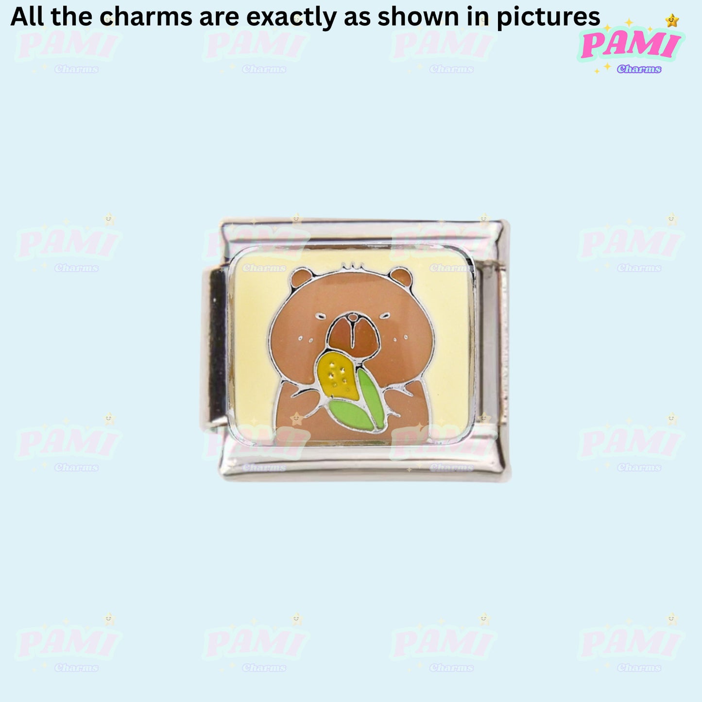 Pami Charms Italian Charm featuring a cute bear holding corn for charm bracelets