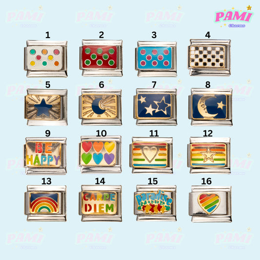Set of 16 colorful Italian charms featuring stars, hearts, rainbow, moon, and inspirational designs by Pami Charms