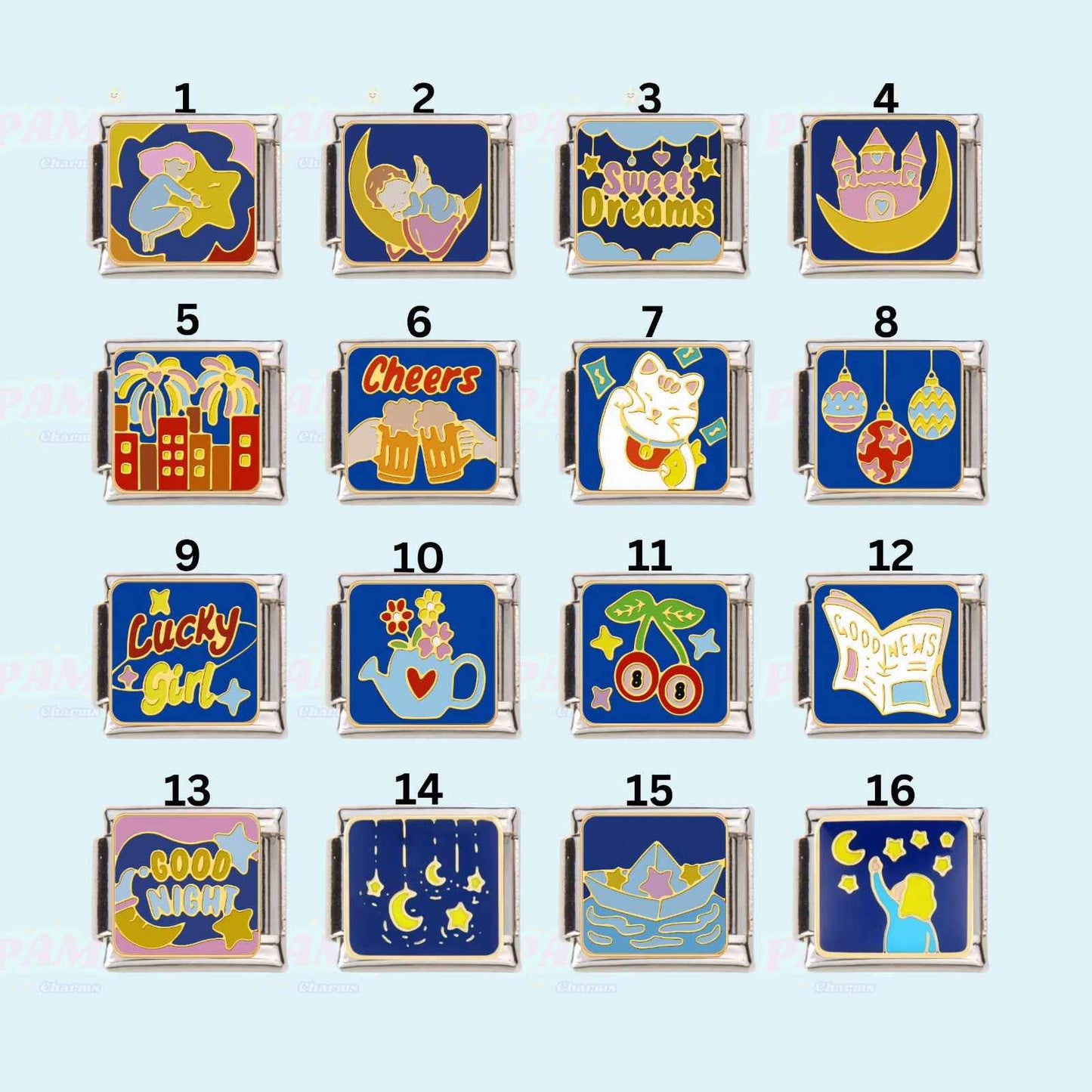 Pami Charms Italian charms set featuring 16 colorful designs including stars, moon, castle, fireworks, and lucky symbols