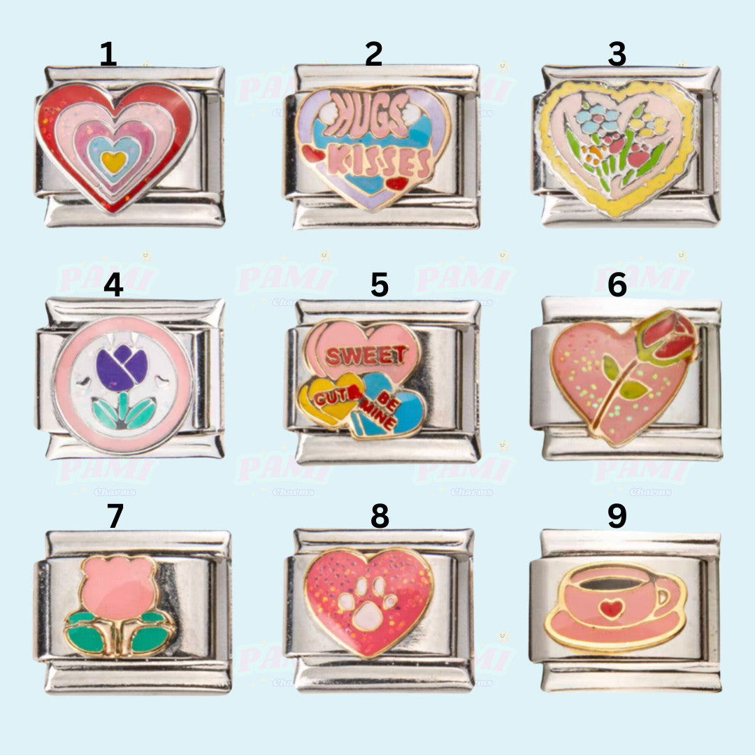 Set of nine Pami Charms Italian charms featuring hearts, flowers, and cute designs for bracelet customization