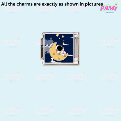 Pami Charms Italian charms featuring an astronaut sitting on a crescent moon with stars background
