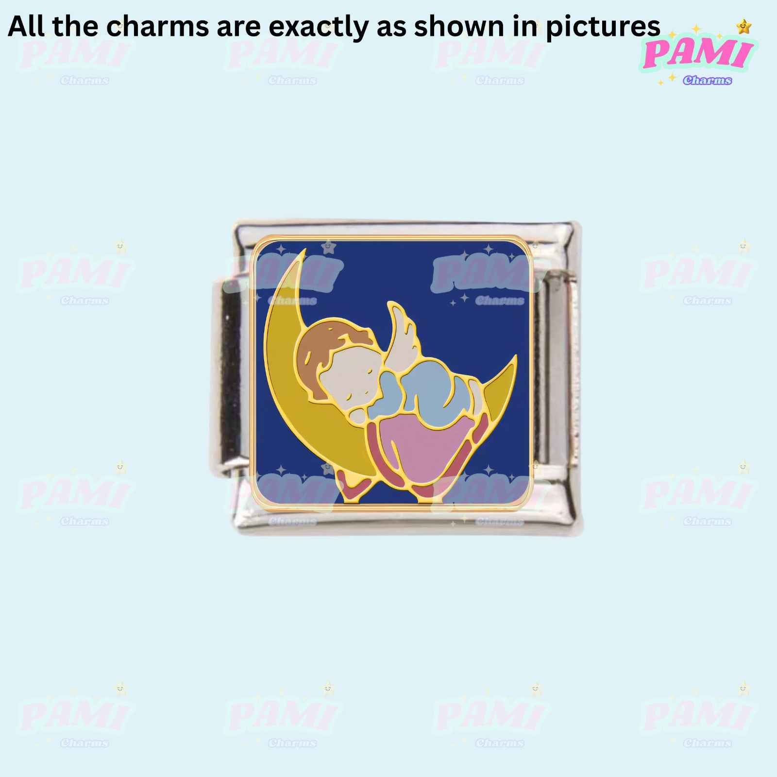 Pami Charms Italian charms featuring a sleeping baby on a crescent moon design