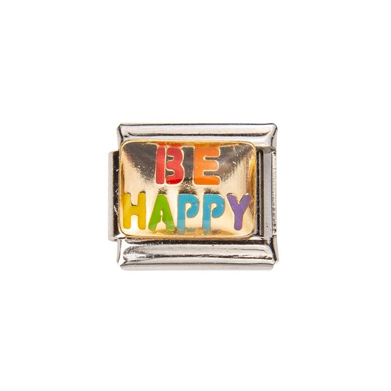 Pami Charms Italian charms with colourful 'Be Happy' lettering on a metallic charm base