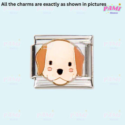 Pami Charms Italian charms featuring a cute dog face enamel charm with silver frame