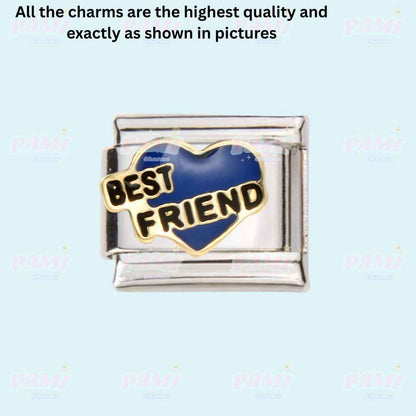Italian charms silver bracelet link with blue heart and best friend text by Pami Charms