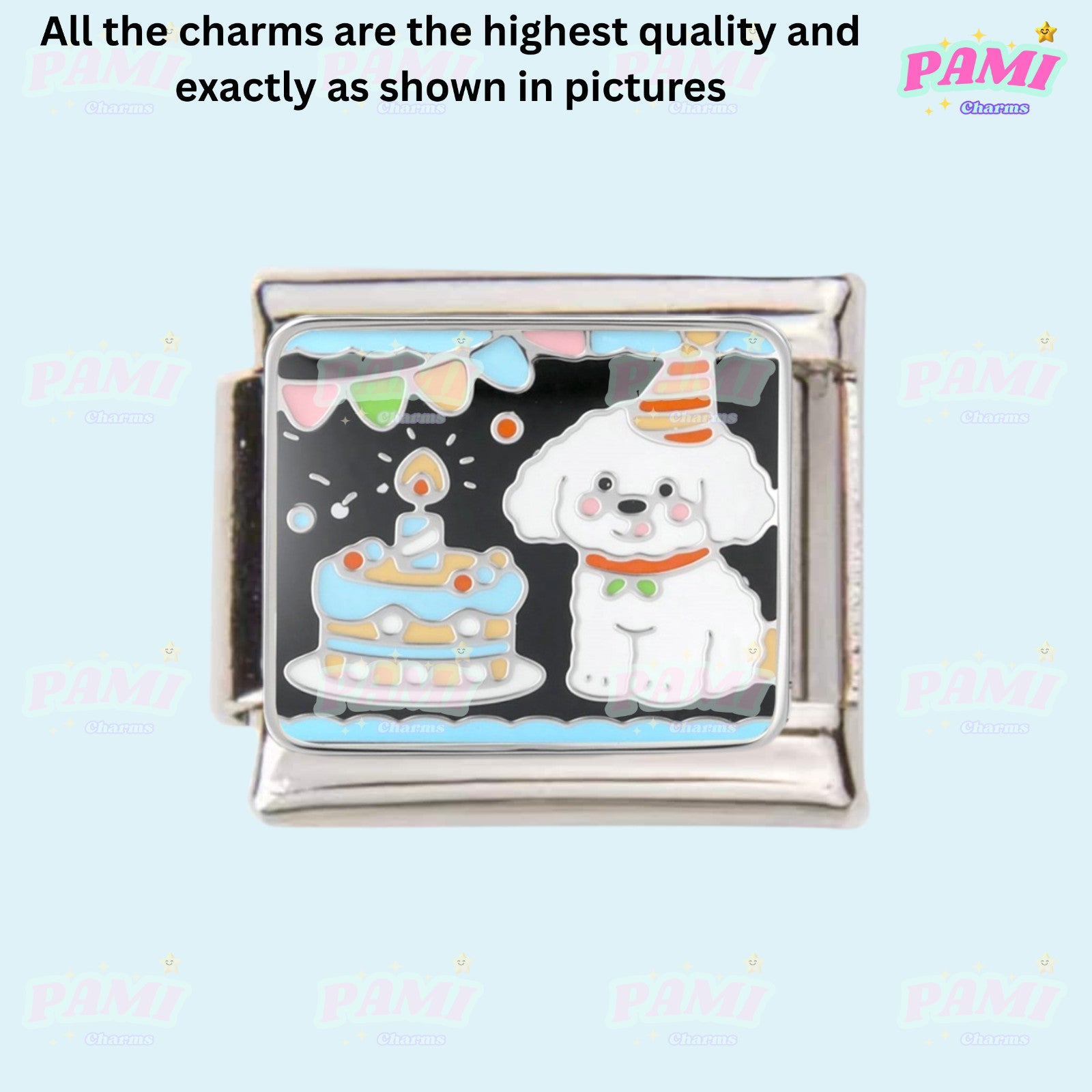 Pami Charms Italian Charms featuring a cute dog with a birthday cake illustration
