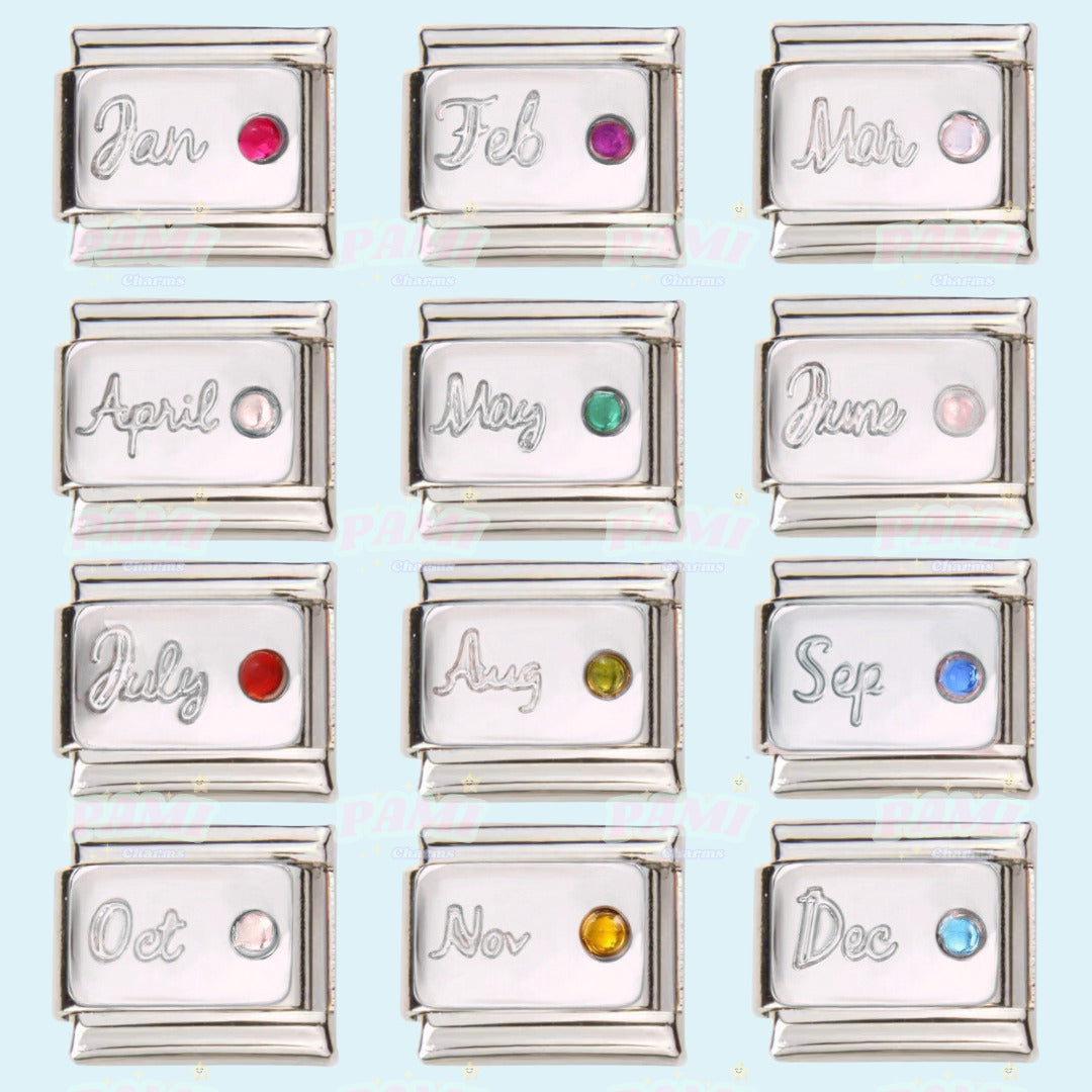 Set of 12 silver Italian charms engraved with month names and colourful birthstone crystals