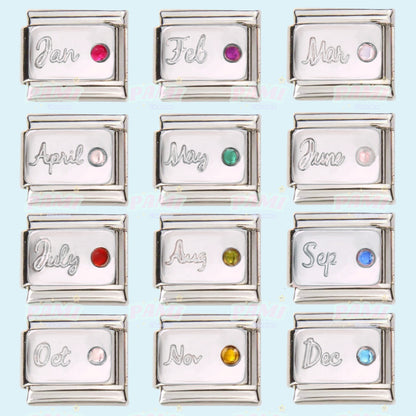 Set of 12 silver Italian charms engraved with month names and colourful birthstone crystals