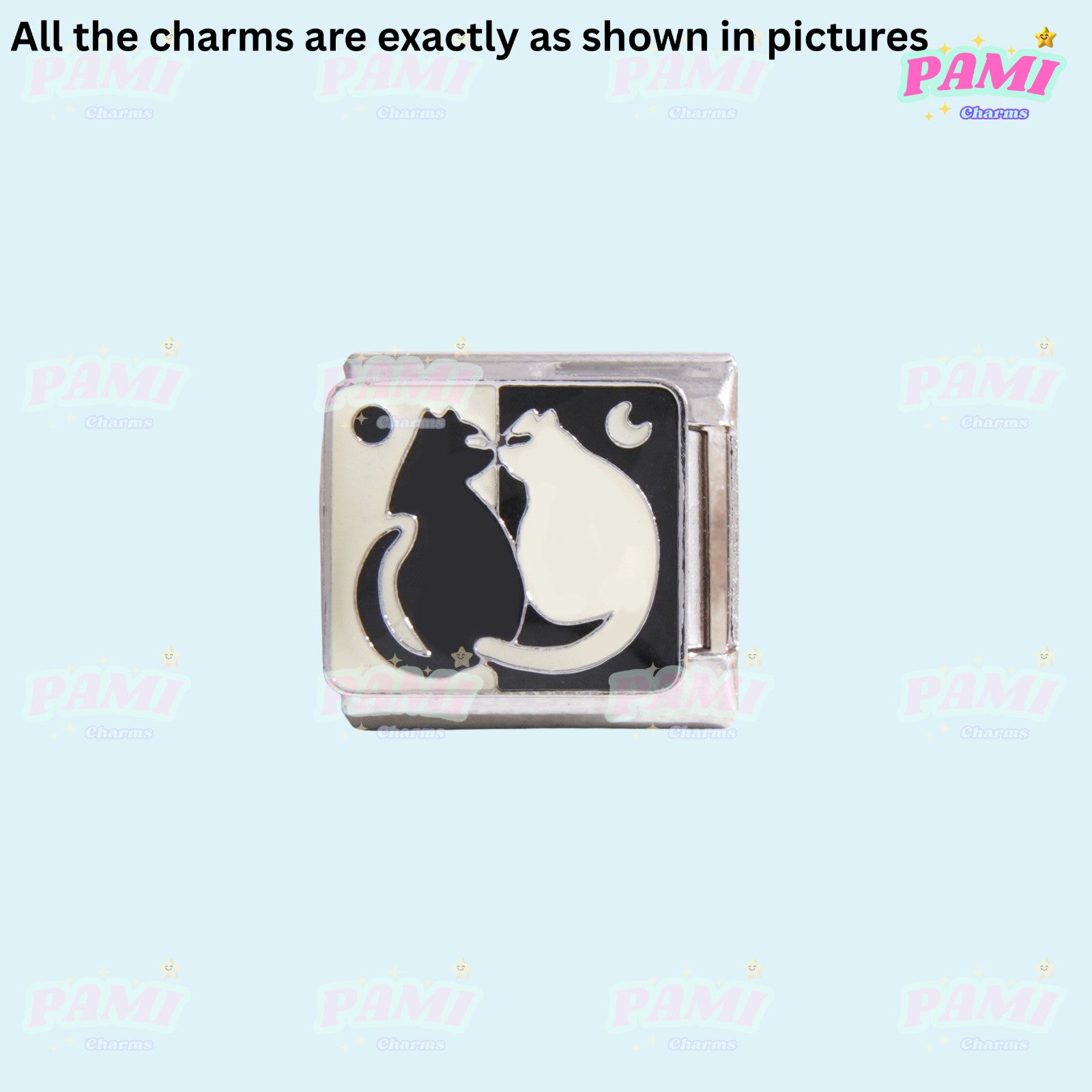 Pami Charms Italian charms featuring black and white cat design with moon and star accents