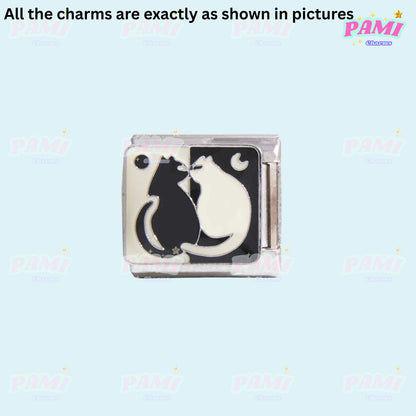 Pami Charms Italian charms featuring black and white cat design with moon and star accents