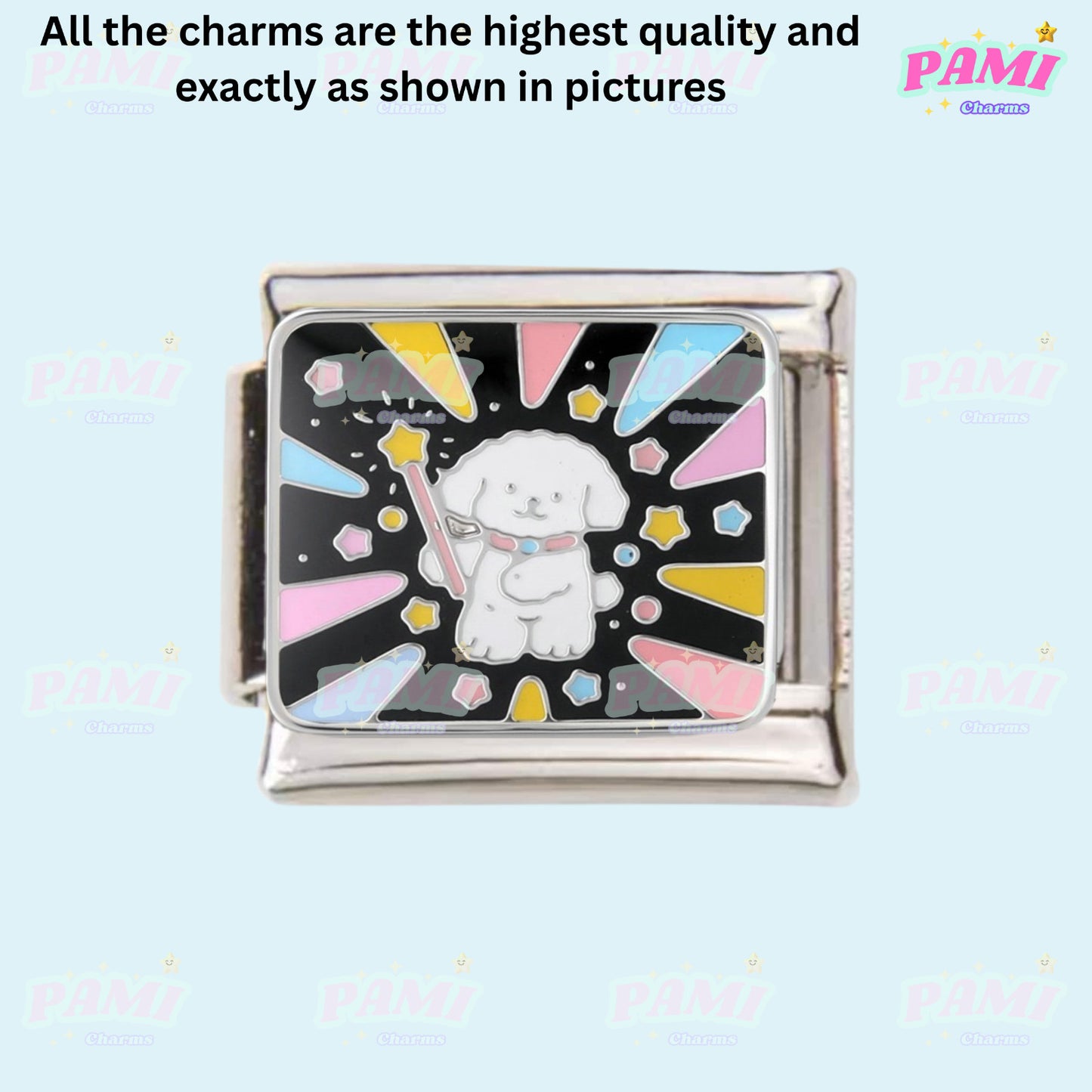 Cute Pami Charms Italian Charms featuring a playful puppy with a magic wand and colourful stars