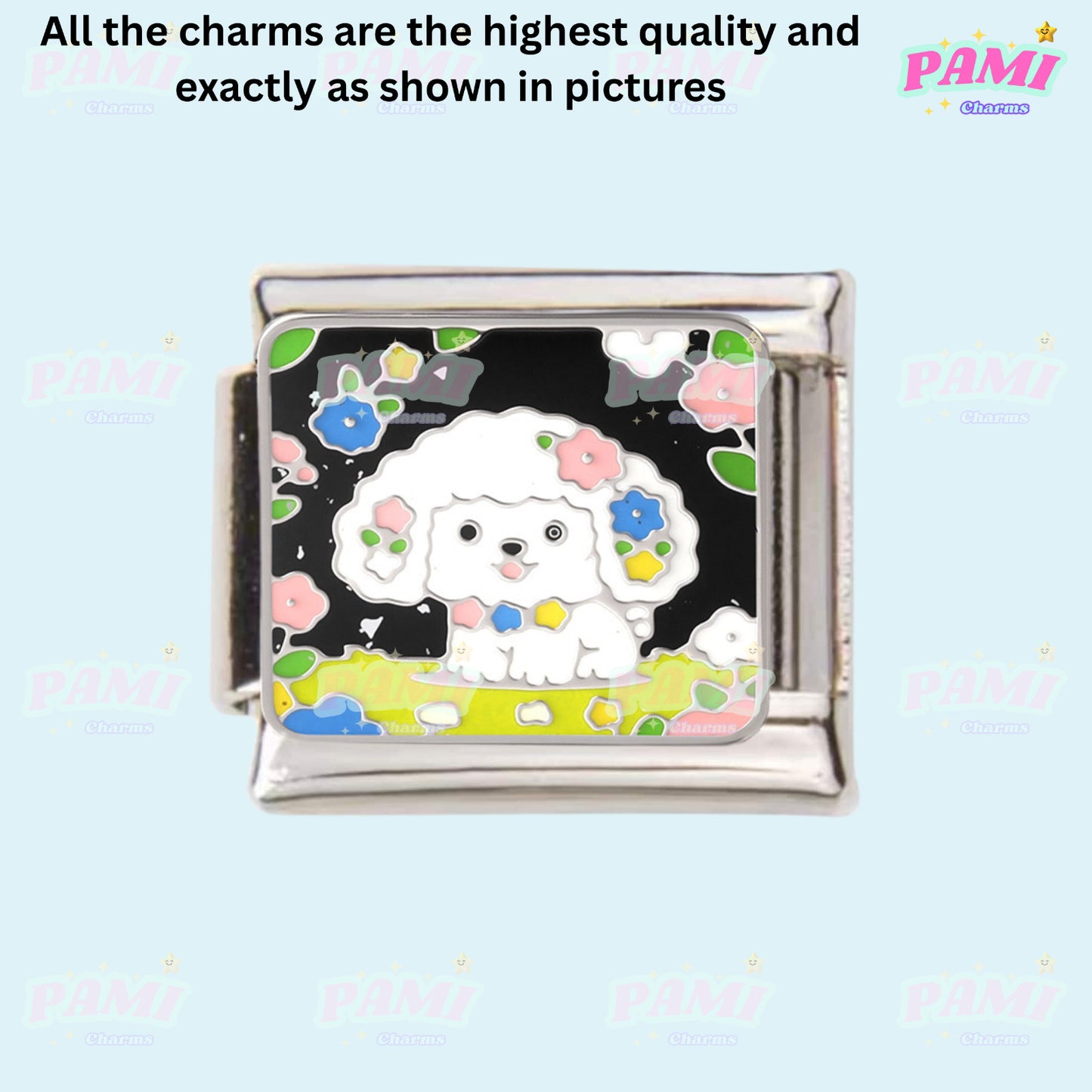 Pami Charms High-Quality Italian Charms Featuring a Cute Cartoon Dog Design with Flowers